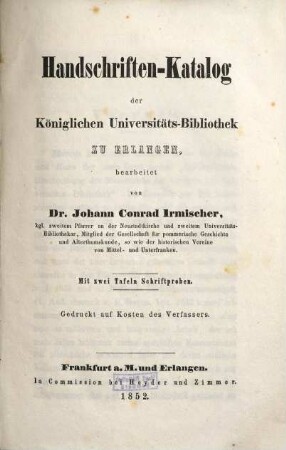 Handschriften-Katalog der Königlichen Universitäts-Bibliothek zu Erlangen