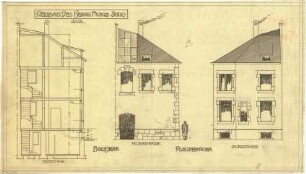 Billing, Hermann; Rastatt, Murgstr.; Haus Jung - Fassade Feuerstraße (Ansicht); Fassade Murgstraße (Ansicht); Schnitt