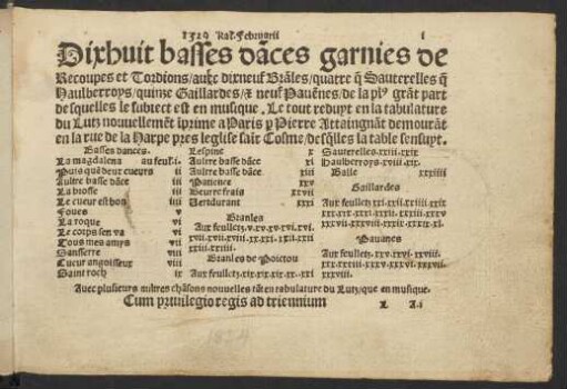 Dixhuit basses da︢︣ces : garnies de Recoupes et Tordions avec dixneuf Bra︢︣les, quatre q︢︣ Sauterelles q︢︣ Haulberroys, quinze Gaillardes et neuf Pavennes, de la pl9 gra︢︣t part desquelles le subiect est en musique : Le tout reduyt en la tabulature du Lutz nouvelleme︢︣t i︢︣prime... : Avec plusieurs aultres chansons nouvelles tant en tabulature du Lutz, que en musique