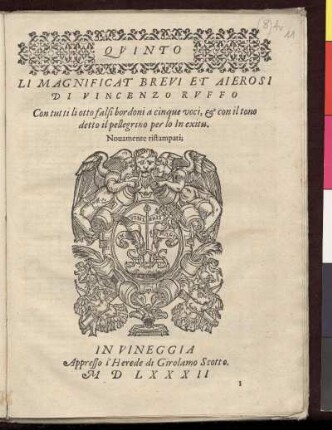 Vincenzo Ruffo: Li magnificat brevi et aierosi ... a cinque voci ... Quinto
