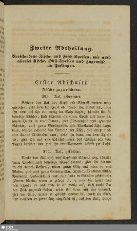 Zweite Abtheilung. Verschiedene Fische und Fisch-Speisen, wie auch allerlei Köche, Obst-Speisen und Zugemüse an Fasttagen