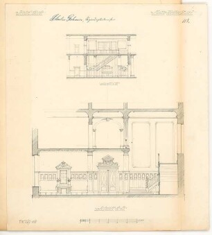 Gestaltung einer Hoteldiele Monatskonkurrenz Februar 1913: Längsschnitt mit Wandaufriss LängsseiteQuerschnitt mit Wandaufriss Schmalseite 1:50; Maßstabsleiste