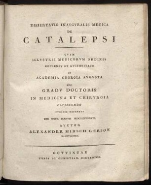 Dissertatio Inauguralis Medica De Catalepsi : Die XXIX. Martii MDCCLXXXXVII.