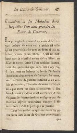 Enumération des Maladies dans lesquelles l'on doit prendre les Eaux de Geismar