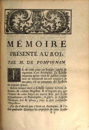 Mémoire présenté au roi Le 11 Mai 1760