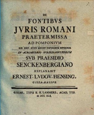 De Fontibvs Jvris Romani Praetermissa Ad Pomponivm