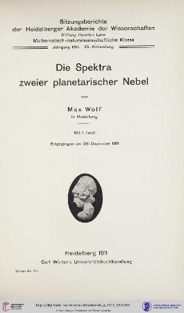 1911, 35. Abhandlung: Sitzungsberichte der Heidelberger Akademie der Wissenschaften, Mathematisch-Naturwissenschaftliche Klasse: Abteilung A, Mathematisch-physikalische Wissenschaften: Die Spektra zweier planetarischer Nebel