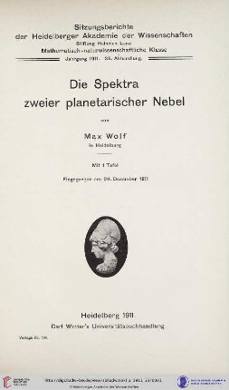 1911, 35. Abhandlung: Sitzungsberichte der Heidelberger Akademie der Wissenschaften, Mathematisch-Naturwissenschaftliche Klasse: Abteilung A, Mathematisch-physikalische Wissenschaften: Die Spektra zweier planetarischer Nebel