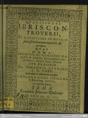 Quaestiones juris controversi : ex difficillima et utilissimâ servitutum materiâ depromptae