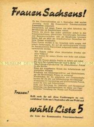 Aufruf an die Frauen Sachsens zur Wahl der Liste der Kommunalen Frauenausschüsse