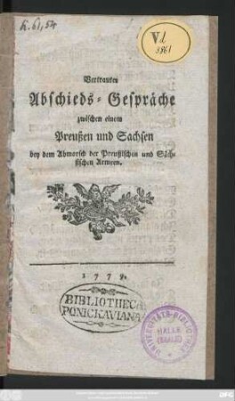 Vertrautes Abschieds-Gespräche zwischen einem Preußen und Sachsen bey dem Abmarsch der Preußischen und Sächsischen Armeen