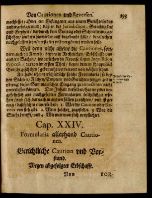 Cap. XXIV. Formularia allerhand Cautionen.