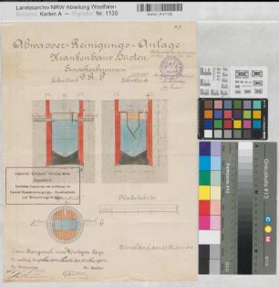 Hüsten (Arnsberg) Krankenhaus Abwasser-Reinigungsanlage Schnitte 1912 1 : 50 40 x 30 kol. Pause Heinrich Scheven, techn. Büro, Düsseldorf Regierung Arnsberg Nr. 13419