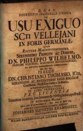 Dissertatio inauguralis iuridica, de usu exiguo SCti Velleiani in foris Germaniae