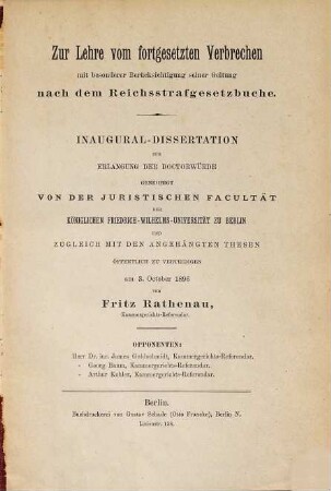 Zur Lehre vom fortgesetzten Verbrechen : mit besonderer Berücksichtigung seiner Geltung nach dem Reichsstrafgesetzbuche