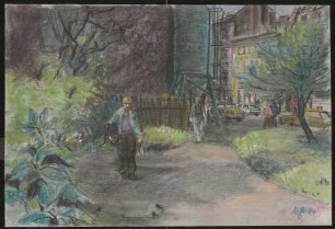 Pastellgemälde von Karl-Heinz Klingbeil: Städtische Szene mit Bauarbeitern (1984)