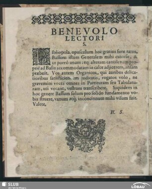 Benevolo lectoris. [Vorwort H.Schütz]