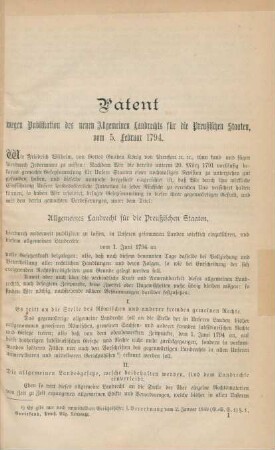 Patent wegen Publikation des neuen Allgemeinen Landrechts für die Preußischen Staaten