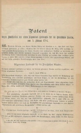 Patent wegen Publikation des neuen Allgemeinen Landrechts für die Preußischen Staaten