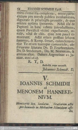 V. Ioannis Schmidii ad Menonem Hannekenium