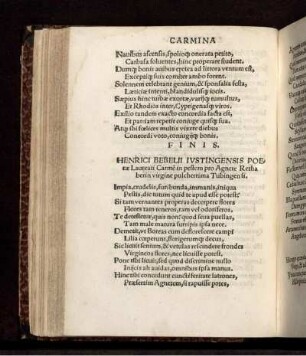 Henrici Bebelii Ivstingensis Poetae Laureati Carme in pestem pro Agnete Retha...