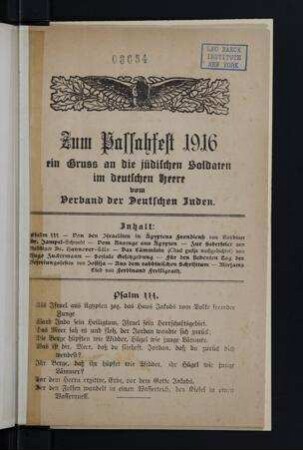Zum Passahfest 1916 : ein Gruss an die jüdischen Soldaten im deutschen Heere / vom Verband der Deutschen Juden