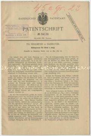 Patentschrift einer Ballenpresse für Stroh u. dgl., Patent-Nr. 34136