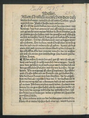 Jhesus. Allen Christen menschen den diß büchle fürkumpt/ wünsch ich Martin Luther/ gnad und frid inn Jhesu Christo unserm herren.