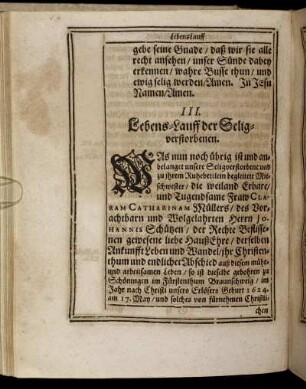 II. Lebens-Lauff der Seligverstorbenen.