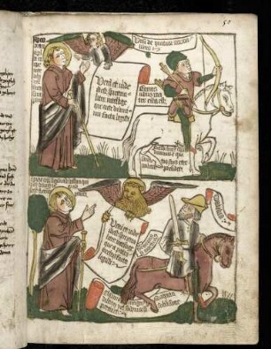 Johannes bei der Öffnung der Siegel. (1) Das erste Siegel: der erste apokalyptische Reiter (Apc. VI, 1-2) ; (2) das zweite Siegel: der zweite apokalyptische Reiter (Apc. VI, 3-4).