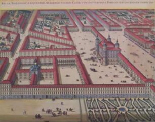 Die Stadt Turin gesehen vom "Theatrum Sabaudiae" - gesehen aus der Vogelperspektive vom Piazza Castello, gezeichnet von Tommaso Borgonio im Jahr 1674; in der Mitte das alte Kastell, das dann Palazzo Madama genannt wurde.