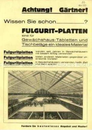 Achtung! Gärtner! Wissen Sie schon? FULGURIT-Platten sind für Gewächshaus-Tabletten und Tischbeläge ein ideales Material