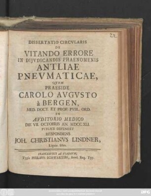 Dissertatio Circvlaris De Vitando Errore In Dijvdicandis Phaenomenis Antliae Pnevmaticae