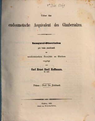 Über das endosmotische Aequivalent des Glaubersalzes : (Inaug.-Diss.)