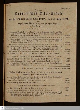 In der Canstein'schen Bibel-Anstalt sind von ihrer Stiftung an im May 1712, bis Ende April 1827, zur wohlfeilsten Verbreitung der heiligen Schrift gedruckt worden ... : [Druckverzeichnis der Cansteinschen Bibelanstalt]
