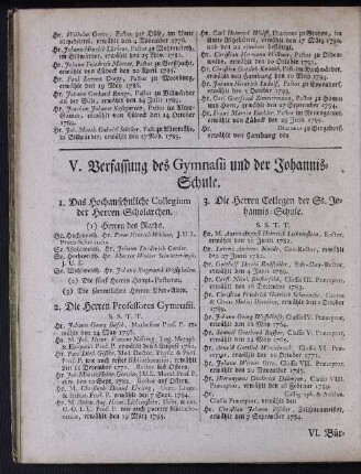 V. Verfassung des Gymnasii und der Johannis-Schule.