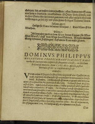 Dominus Philippus Melanthon Propriamanu Scripsit Haec verba de Sacramento corporis ...