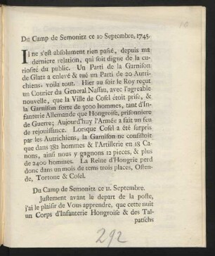 Du Camp de Semonitz ce 10 de Septembre, 1745