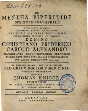 De Mentha Piperitide Specimen Inavgvrale ... Proponit Thomas Knigge Ratisbonensis : Accedit Tabvla Aenea