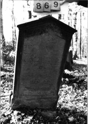 Grabstein 869 (Index: 99751220) Material: Sandstein Zustand: abgeblätt/verwitt/fast völl. Textverlust Maße HxBxT: 117x55x9 cm Beschreibung: Stele, giebelartiger Abschluß mit Verdachung, Schriftfeld eingetieft: Grabstein 869