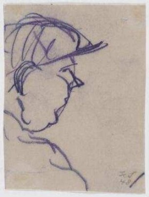 [o.T.]. Männerkopf mit Mütze im Profil