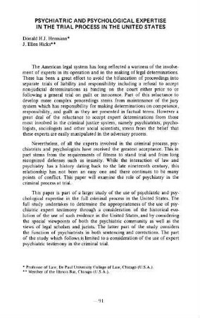 91-104, Psychiatric and psychological expertise in the trial process in the United States