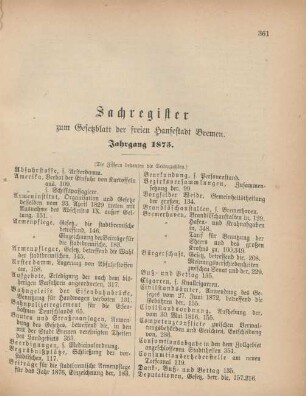 Sachregister zum Gesetzblatt der freien Hansestadt Bremen. Jahrgang 1875