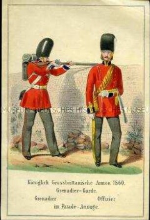 Uniformdarstellung, Grenadier und Offizier der Grenadier-Garde in Parade-Uniform, Königreich Großbritannien, 1860.