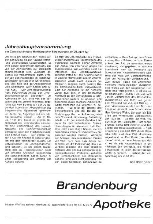 Jahreshauptversammlung des Zentralausschusses Hamburgischer Bürgervereine am 26. April 1971