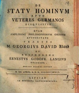 De Statv Hominvm Apvd Veteres Germanos Disqvisitio