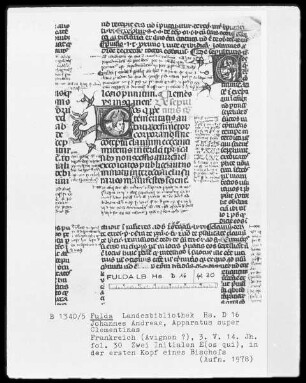 Johannes Andreae, Apparatus super Clementinas — Initiale E (eos, qui), darin der Kopf eines Bischofs, Folio 30recto