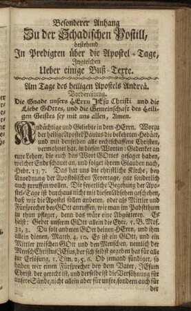 Besonderer Anhang Zu der Schadischen Postill, bestehend In Predigten über die Apostel-Tage Ingleichen Ueber einige Buß-Texte