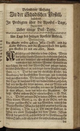 Besonderer Anhang Zu der Schadischen Postill, bestehend In Predigten über die Apostel-Tage Ingleichen Ueber einige Buß-Texte