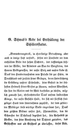 G. Schwabs' Rede bei Enthüllung der Schillersstatue.